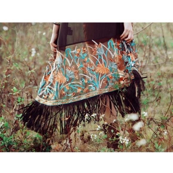 Boho Black Sheer Embroidered Fringe Kimono Duster - Picture 5 of 8